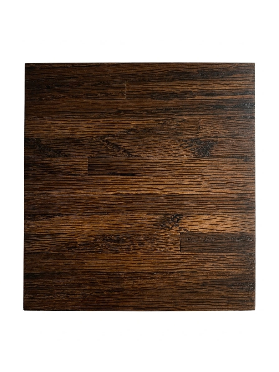 A square sample of dark stained red oak wood flooring planks, showing natural grain and texture, centered on a solid white background.