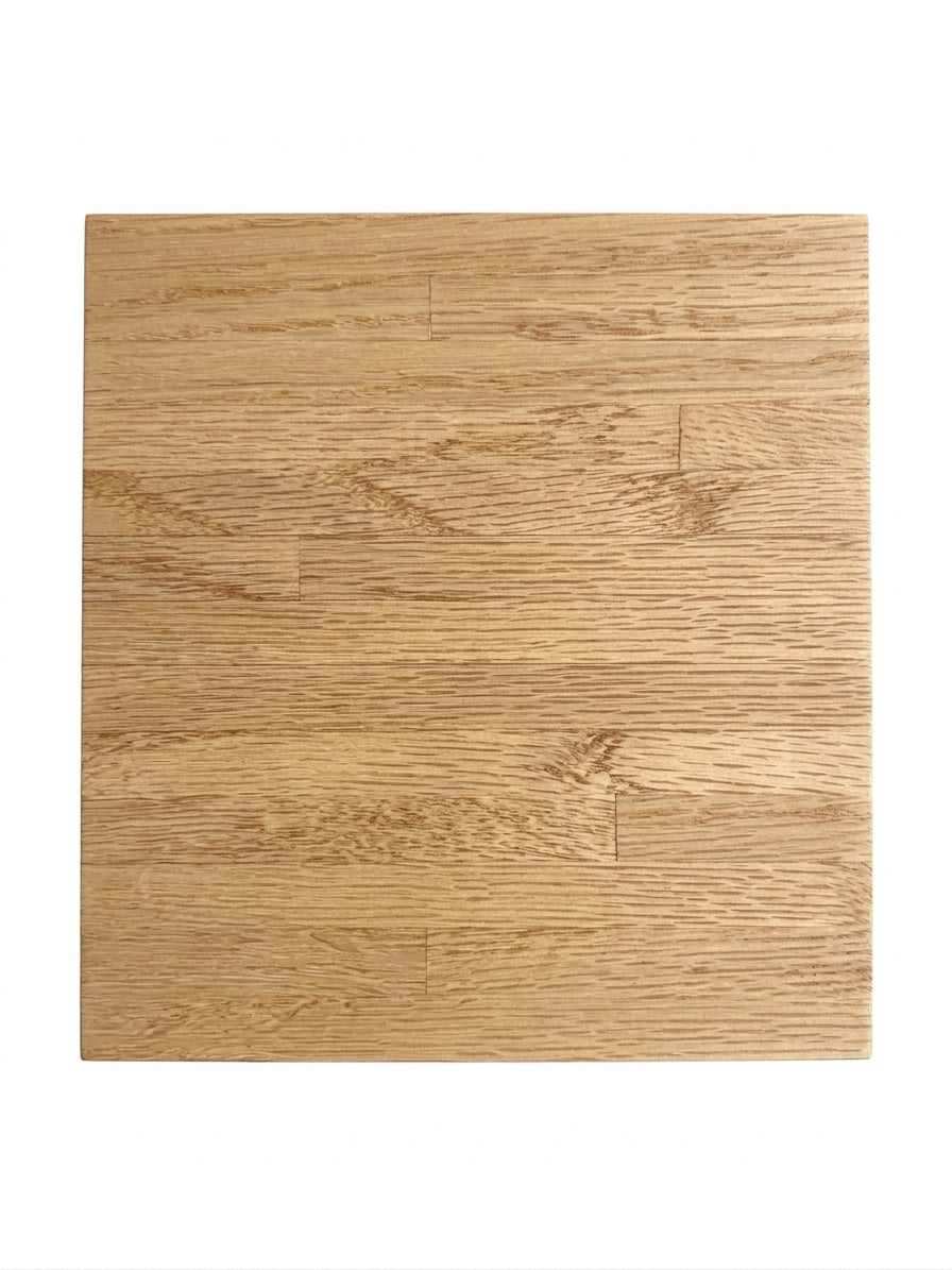 A square sample of clear coated red oak wood flooring planks, showing natural grain and texture, centered on a solid white background.